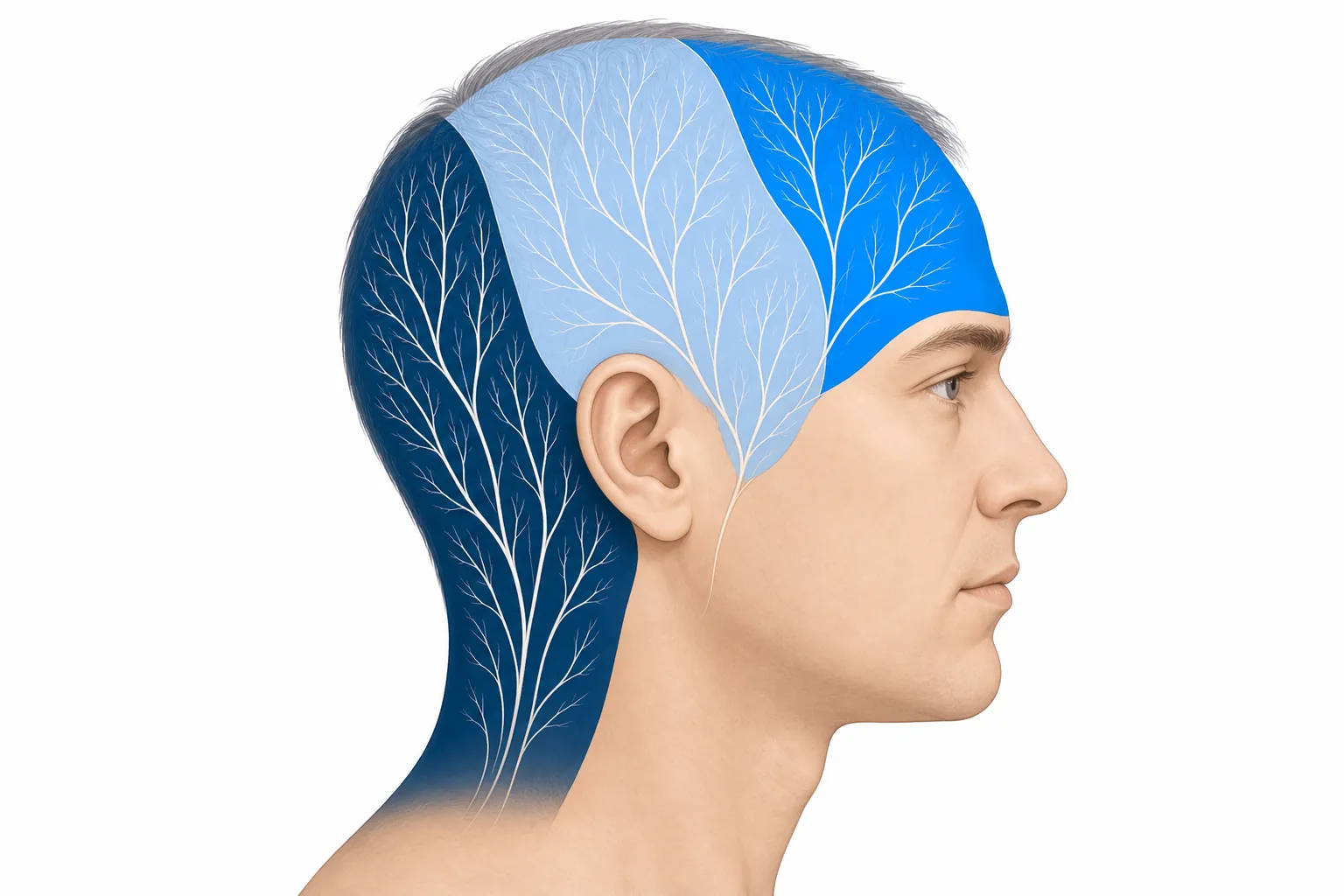 Anatomical illustration of a head in half profile with three colored supply zones of the scalp nerves