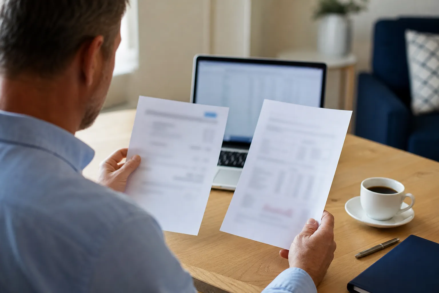 Man at home comparing the written documents and service offerings of two clinics