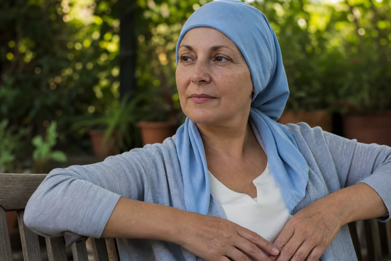 Woman wearing a soft cotton head covering sits in the shade, her scalp protected from the sun