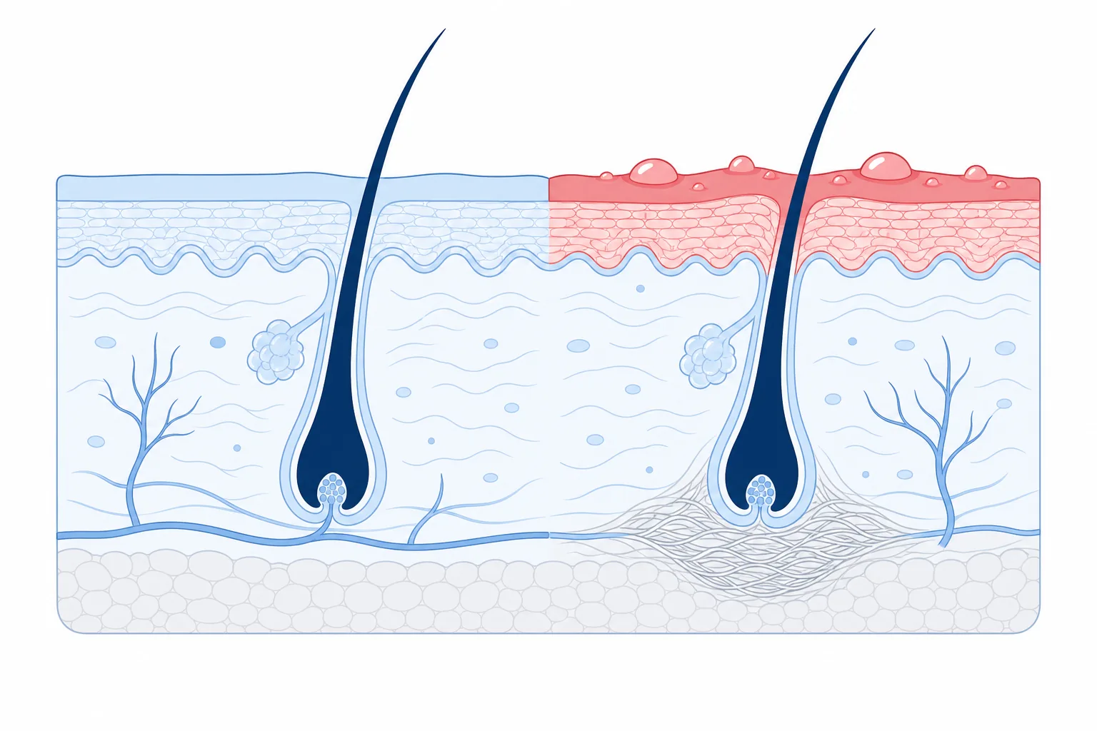 Cross section of the scalp with hair follicles, superficial inflammation and scarred tissue