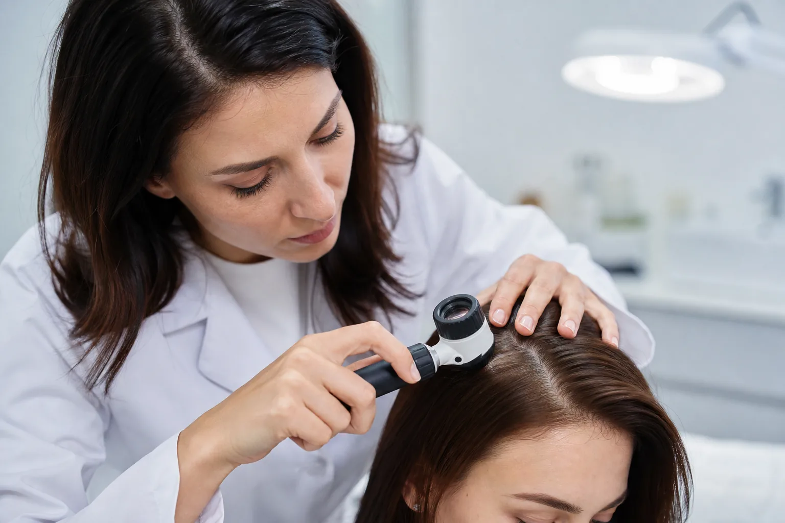 A dermatologist examines a patient's scalp with a dermatoscope