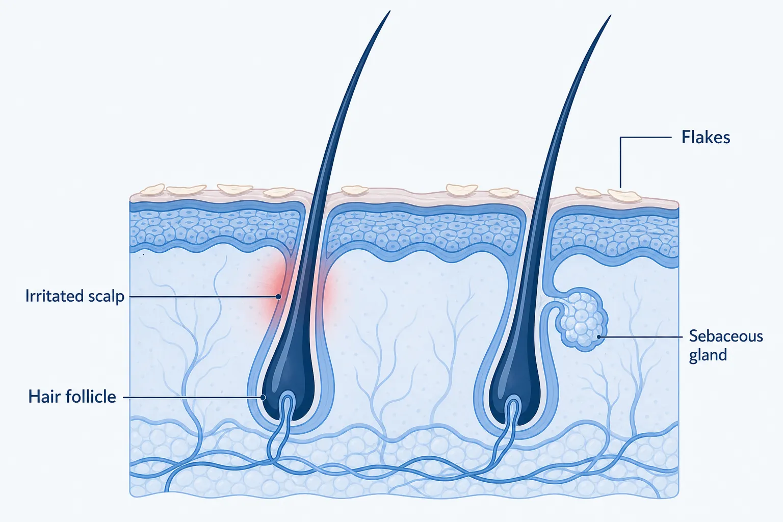 Cross-section of the scalp showing a hair follicle, sebaceous gland, flakes and an irritated patch of skin