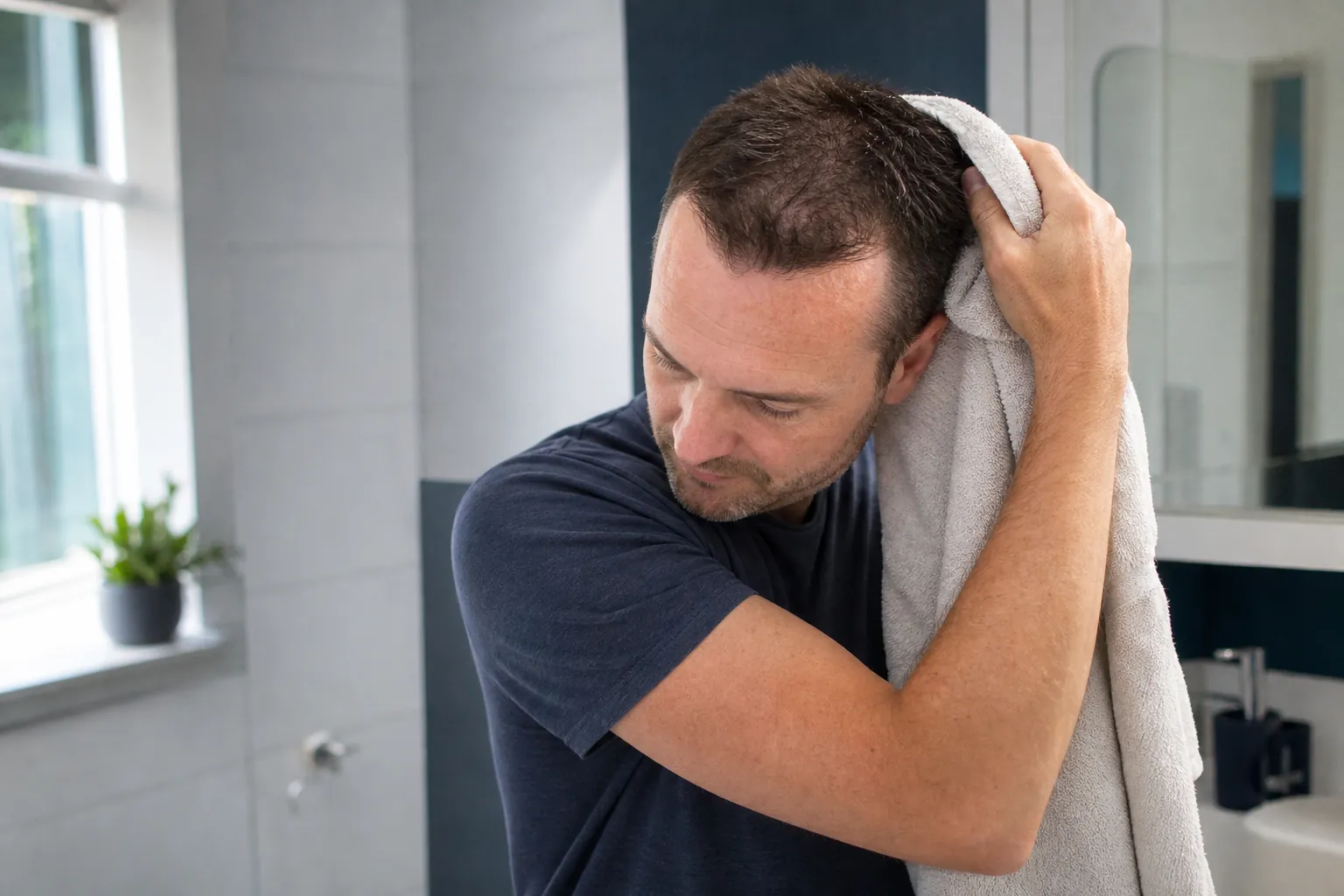 Man at the sink drying his freshly washed hair with a towel