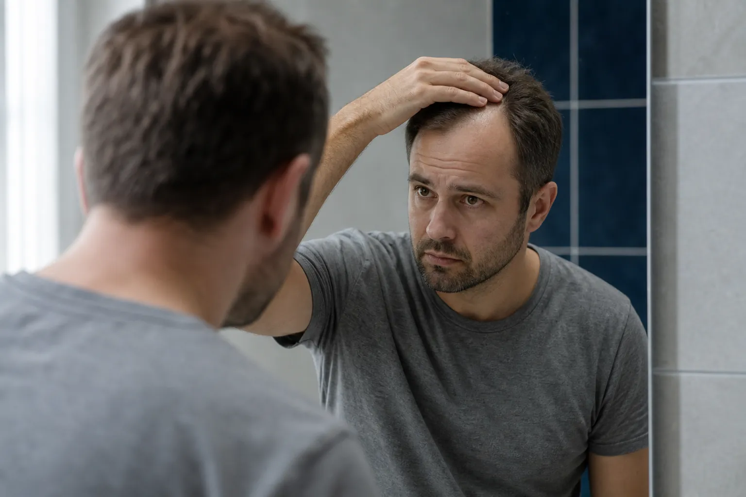 Man in his mid-30s examining his receding hairline in the bathroom mirror