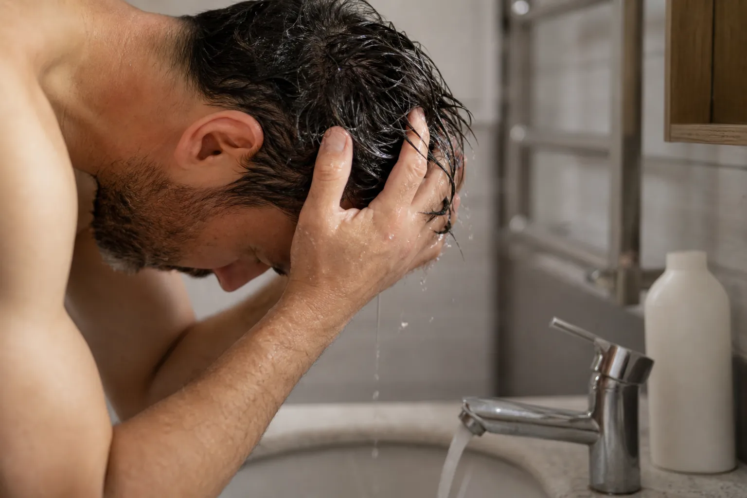 A man washes his hair with lukewarm water and a mild shampoo at the sink