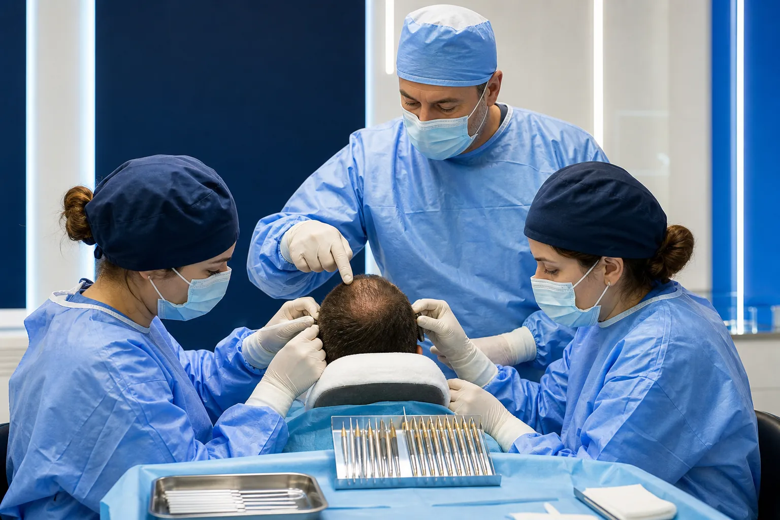 Doctor checking the specialists' work on a patient in the treatment room