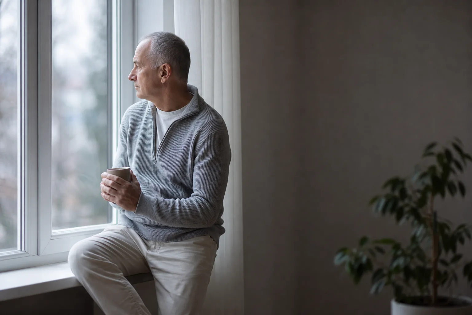 A man with very short hair sits quietly by the window, looking into the morning light