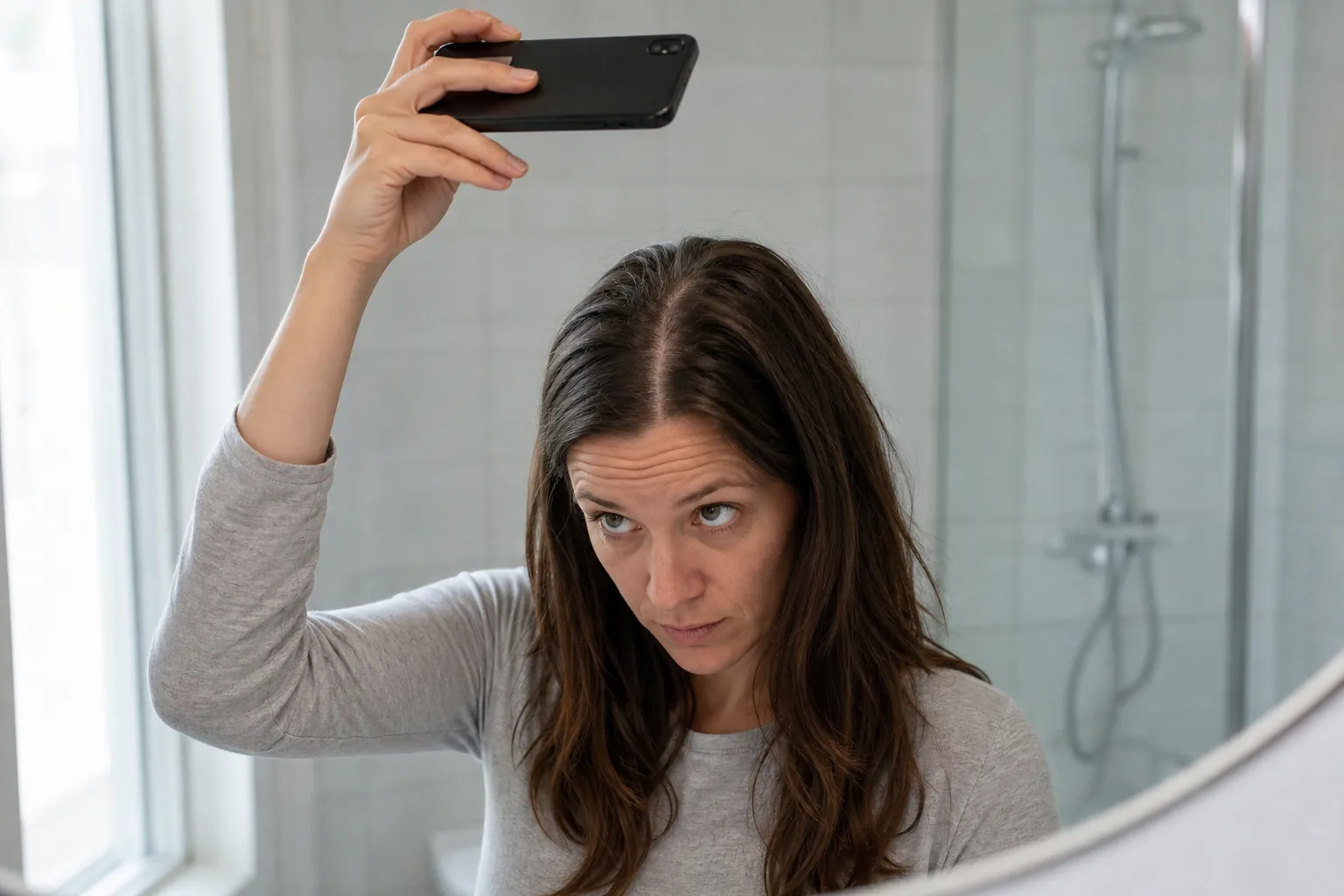 Woman photographing her center part in front of the mirror to document the starting point