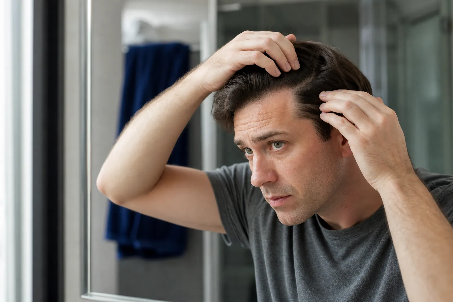 Man checking his part and hairline in the mirror to judge his hair density