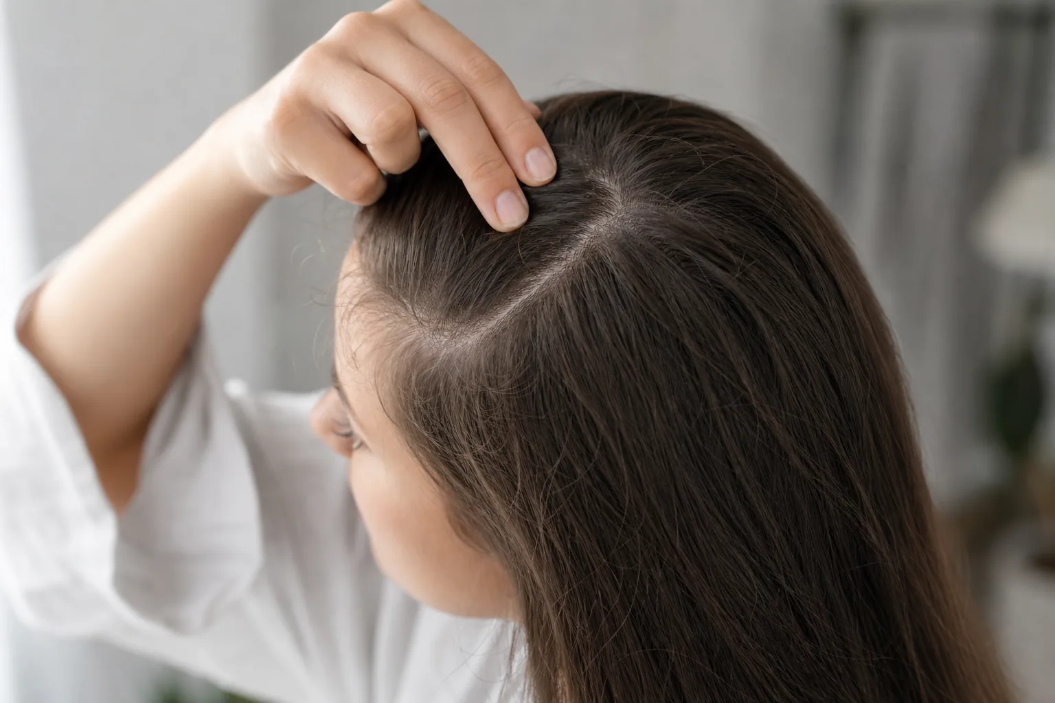 Woman checking the width of her center part in daylight
