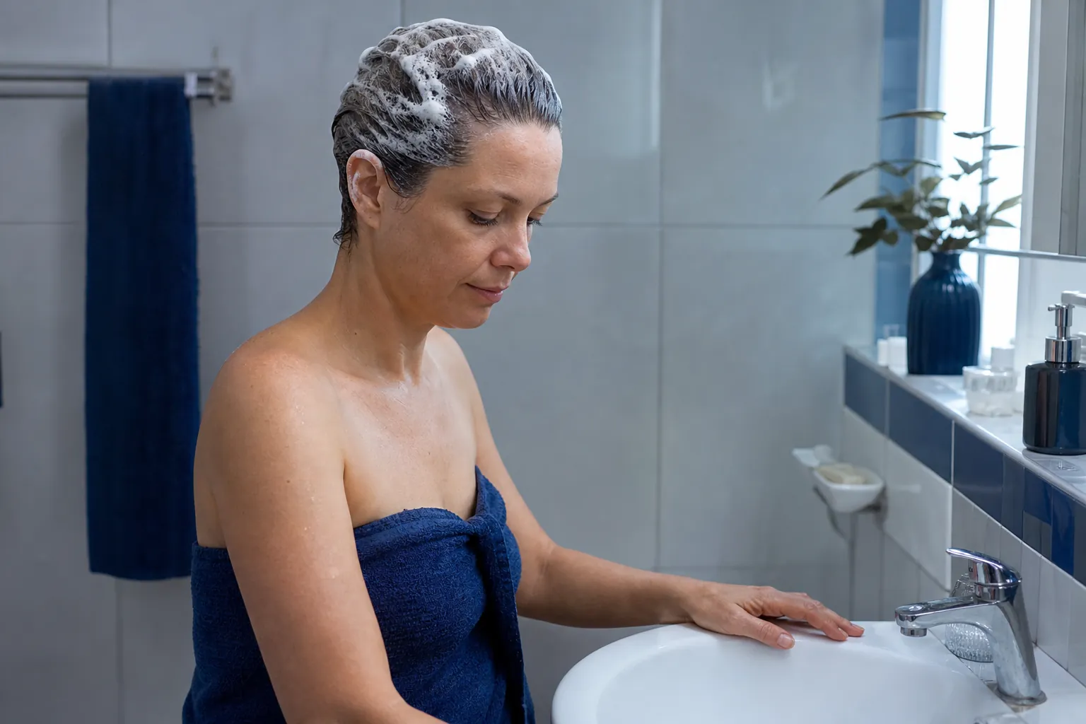Woman with lathered hair waiting out the contact time at the sink