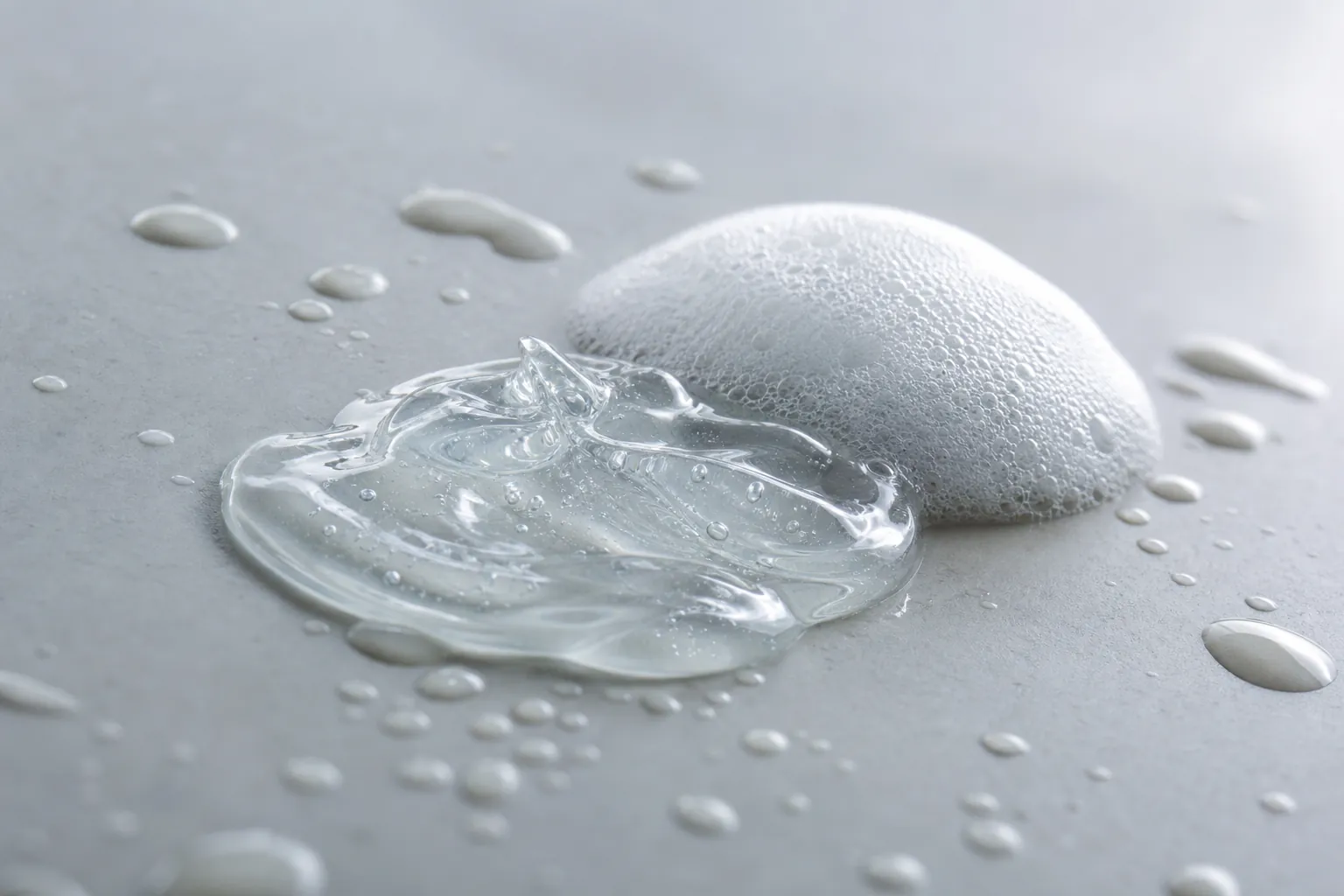 Clear shampoo gel and fine lather as a texture shot on a light surface