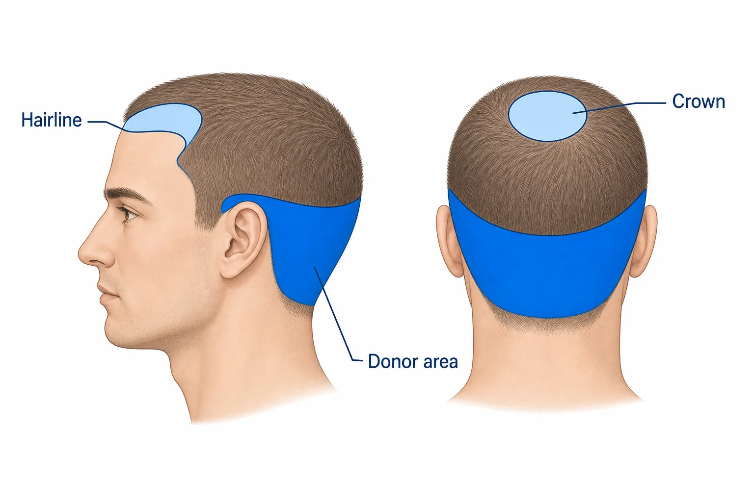 Illustration of a man's head with the donor area at the back marked and the hairline and crown as recipient zones