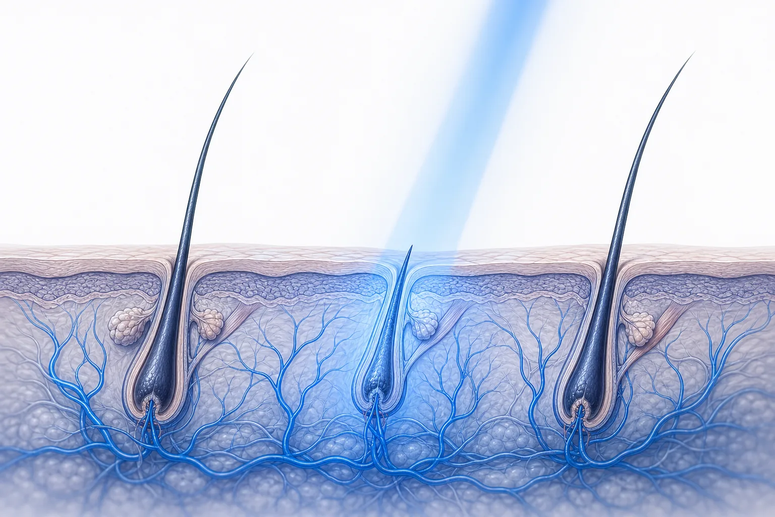 Illustration: a focused beam cone hits exactly one hair follicle in a cross-section of the scalp, while the neighboring follicles remain untouched