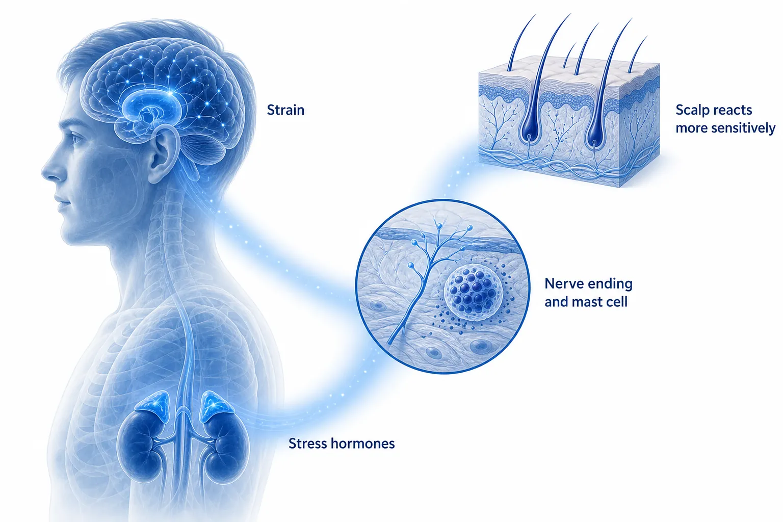 Infographic of the stress axis: strain, stress hormones, nerve ending with mast cell and a scalp that reacts more sensitively