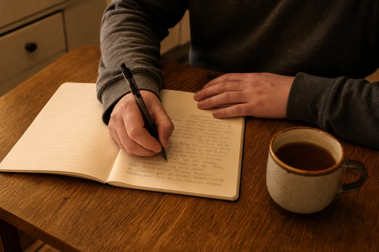 Hands noting observations in a symptom diary at the kitchen table in the evening