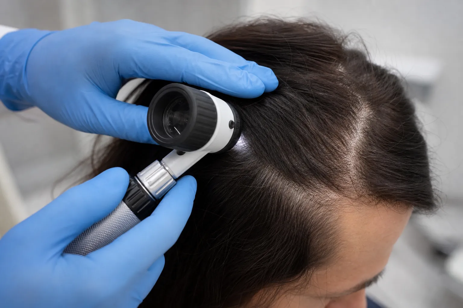 Dermatological examination of the scalp with a dermatoscope