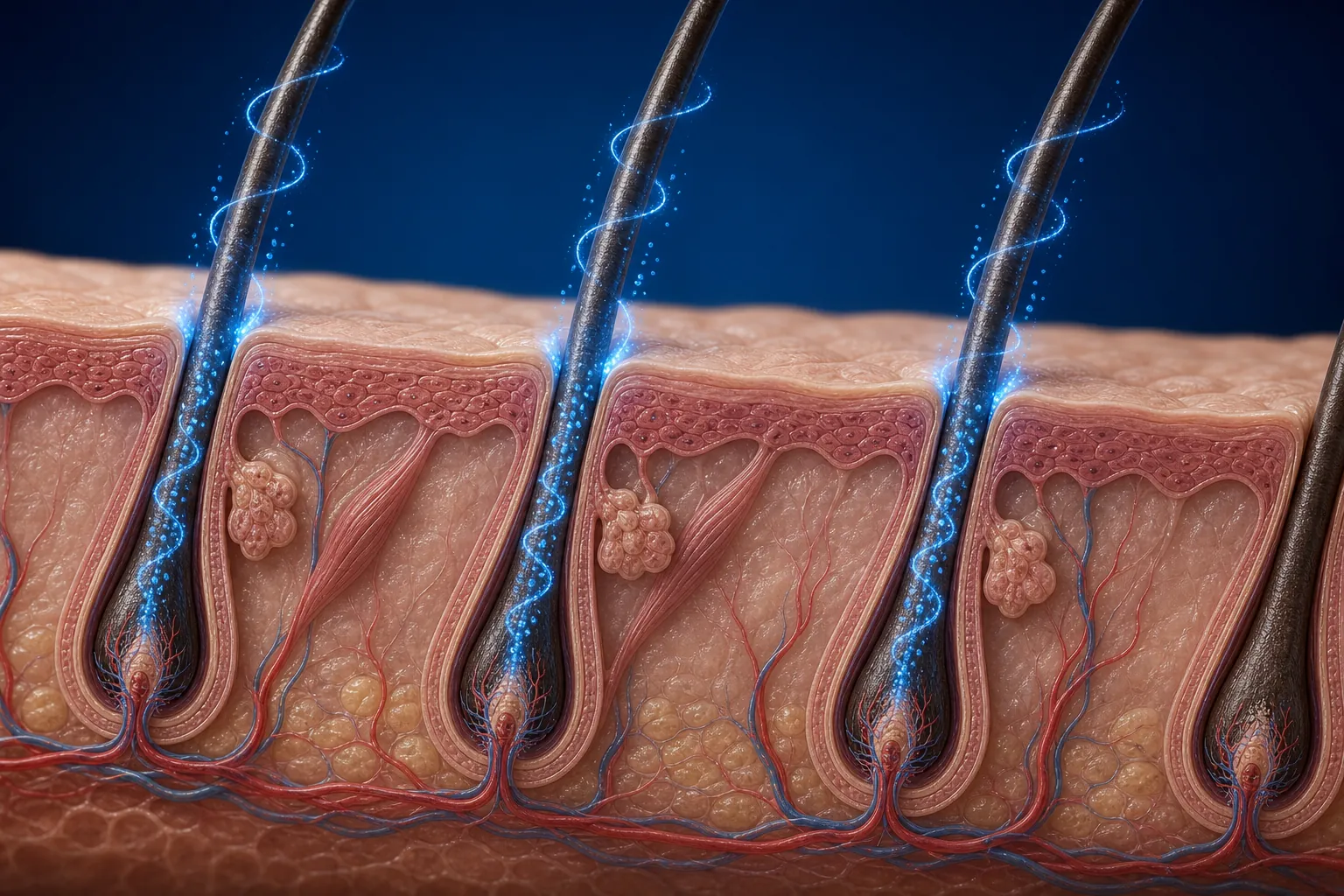 3D rendering of hair roots in the scalp with an active ingredient reaching the follicles