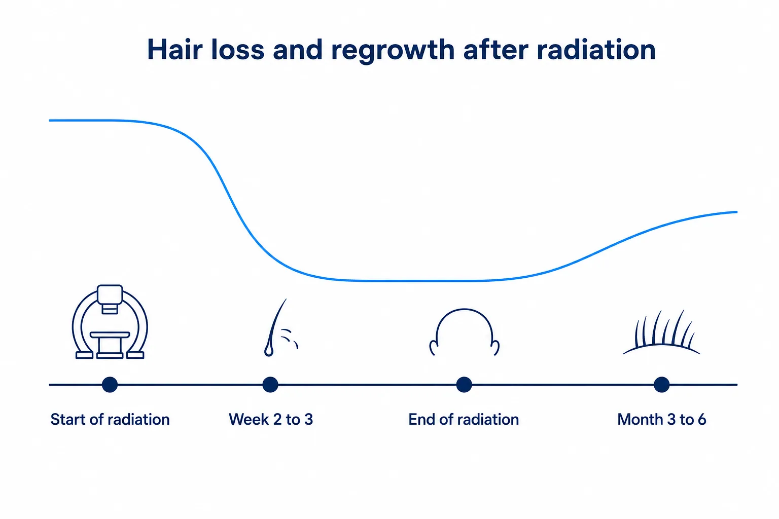 Timeline: hair density drops from week 2 to 3 of radiation and builds back up from month 3 to 6 after treatment ends