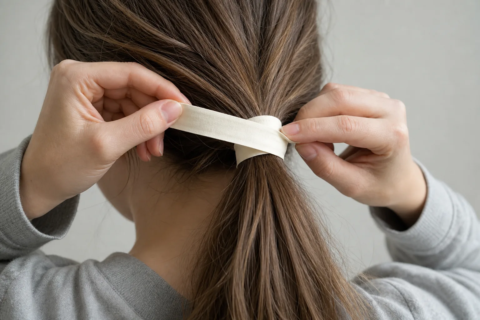 Woman measuring the circumference of her ponytail with a tape measure